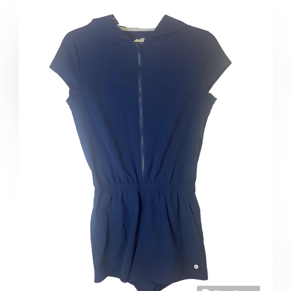 Avia dark navy blue lightweight shortsleeve zip up hooded romper big girls 14 16